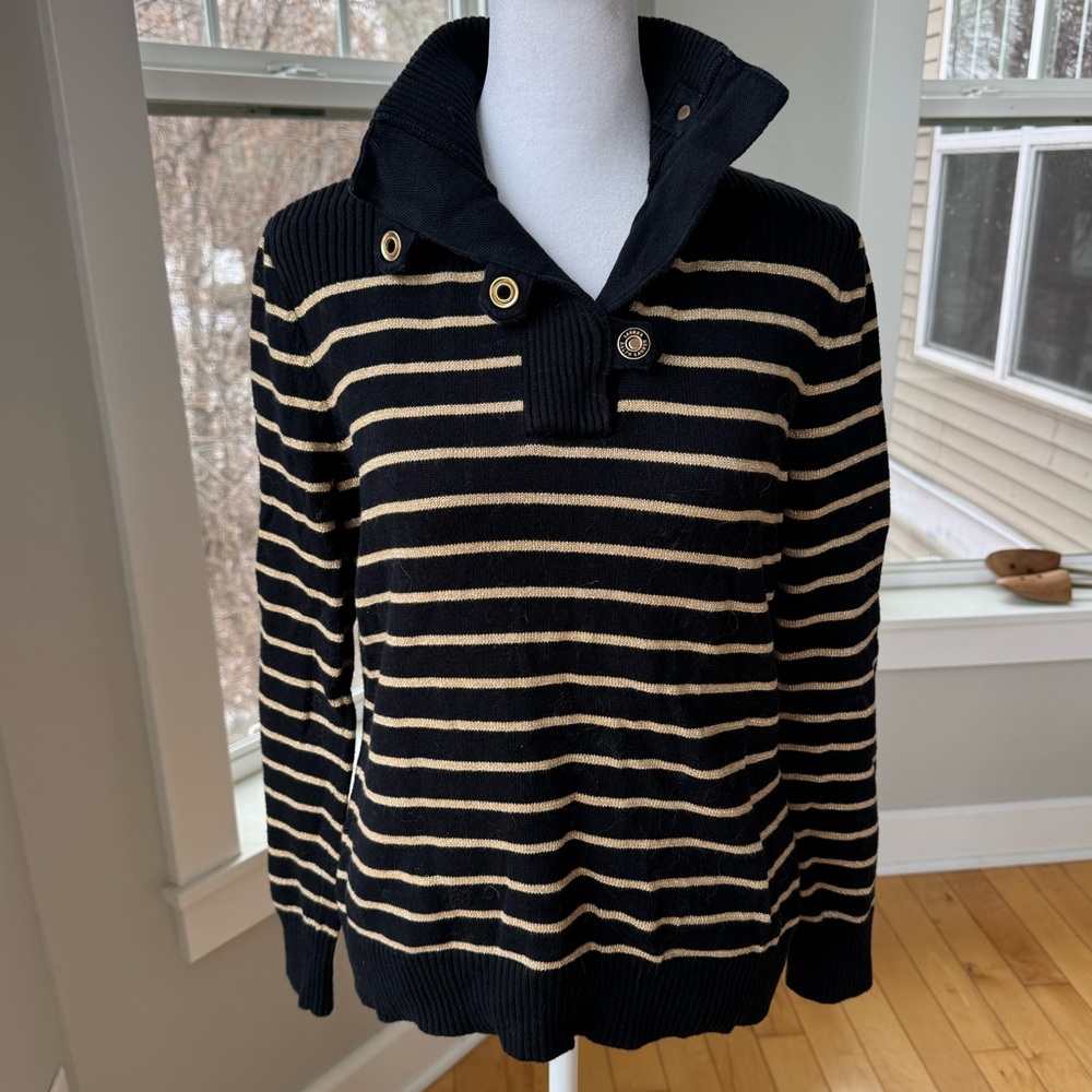 Lauren Ralph Lauren Black Gold Striped Mockneck Cotton Sweater Metallic Medium